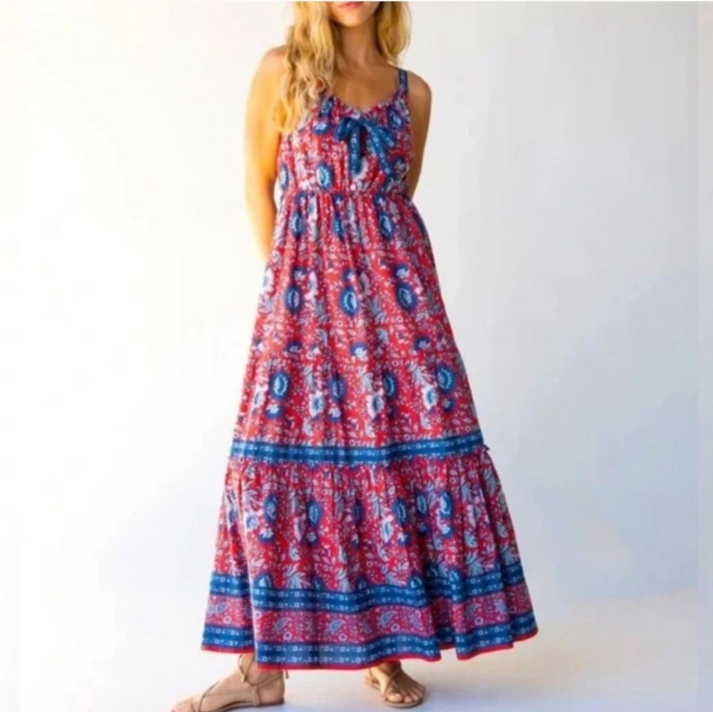 Natural Life Red White Blue Paisley Floral Tiered Maxi Dress Size XL
